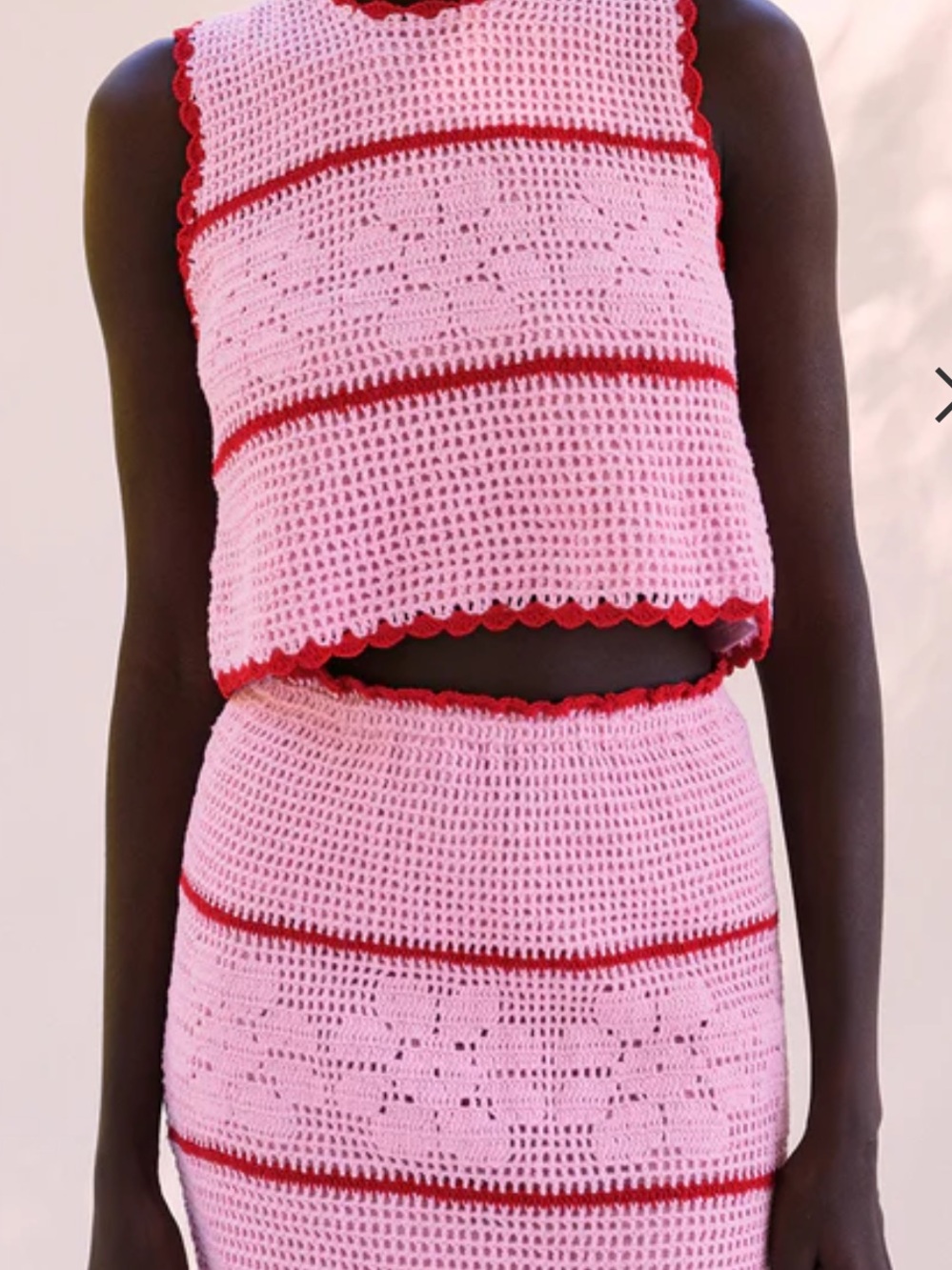 SAYLOR Pink Crochet Crop Top and Skirt with Red Trim